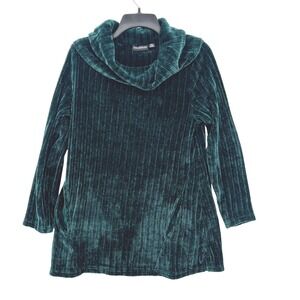 Nina Leonard Soft Velour Ribbed Cowl Neck Tunic Sweater Emerald Green Women's M